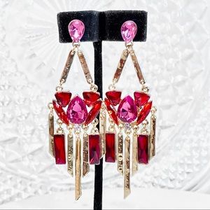 Prom Pageant Bridal Jewelry - Hammered Gold Red Pink Crystal Chandelier Earrings Prom Pageant Bridal Jewelry - Hammered Gold Red Pink Crystal Chandelier Earrings